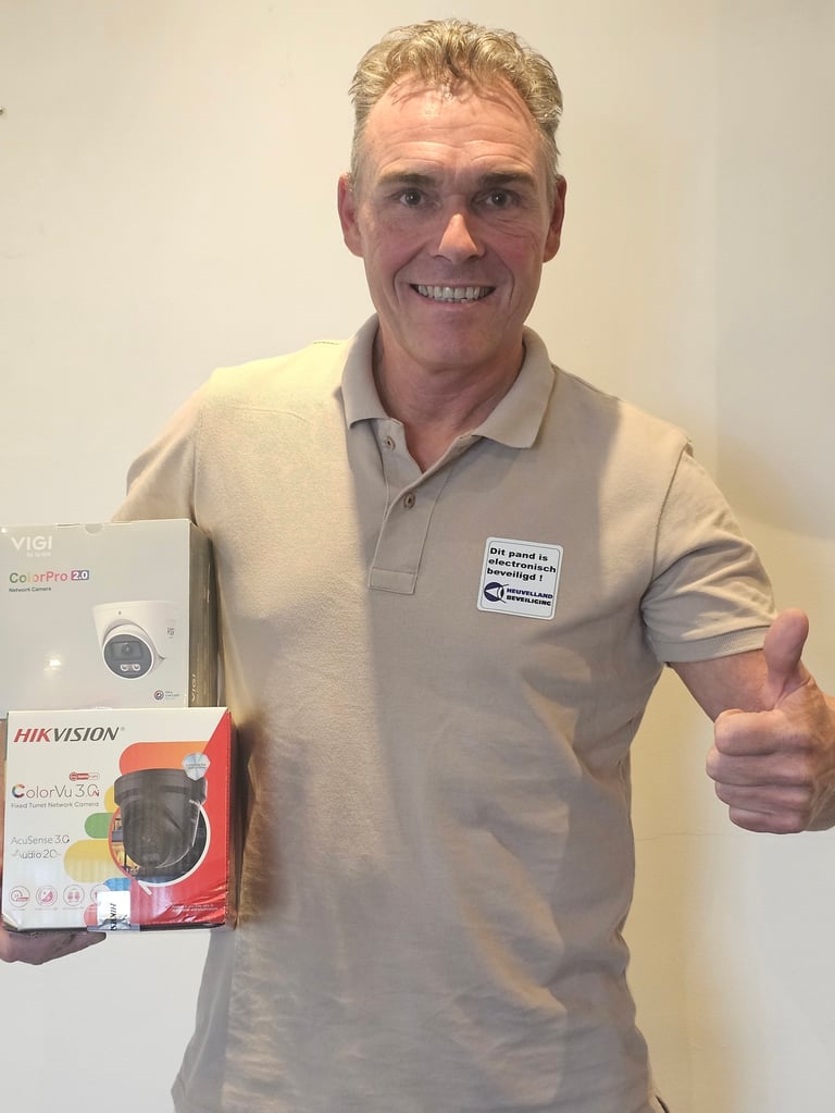 Man in beige polo shirt holding a Hikvision security camera box, giving a thumbs up gesture