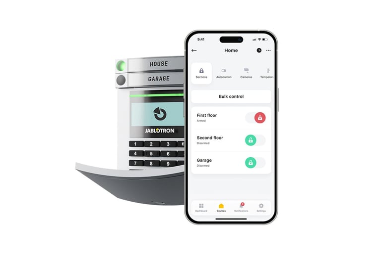 Smart home control device and mobile phone app showing bulk control interface with status indicators for house, garage, first floor, second floor, and garage lights