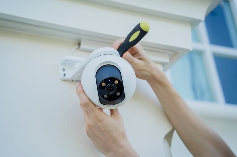 Person installing a white dome security camera on a white ceiling with a screwdriver