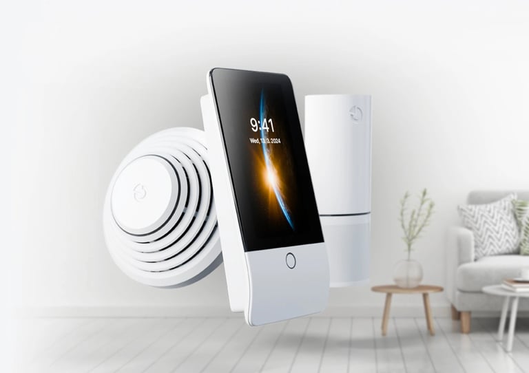 White smart home devices including a speaker, smartphone displaying 9:41, and wireless charger in a modern living room setting
