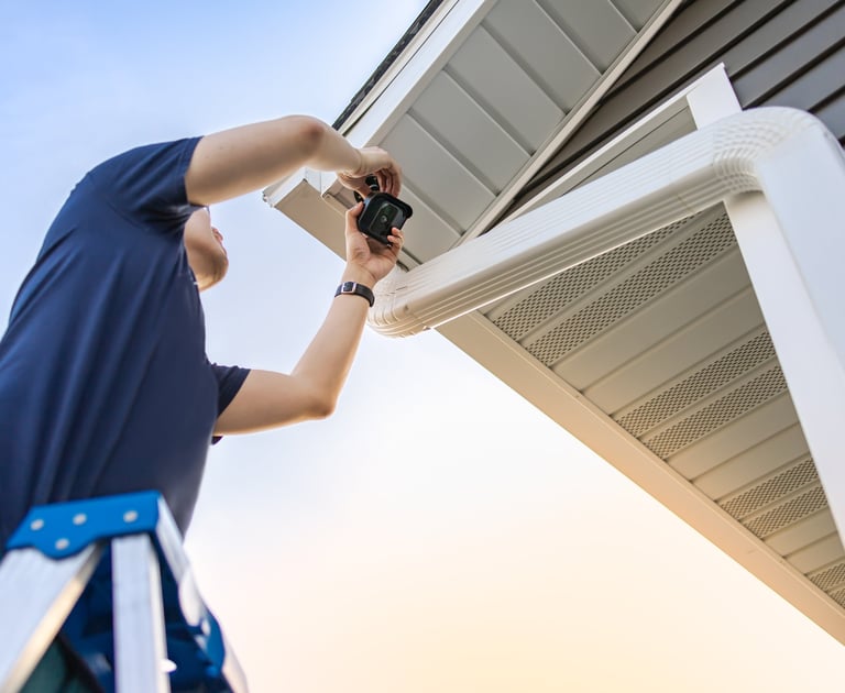 Technician on a blue ladder installing or maintaining a security camera on building exterior under eaves